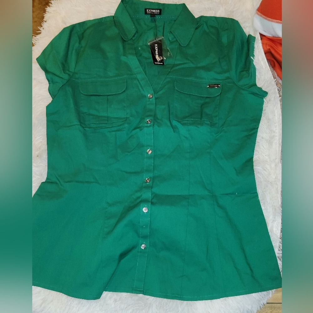Express Women's Green Button Blouse Large